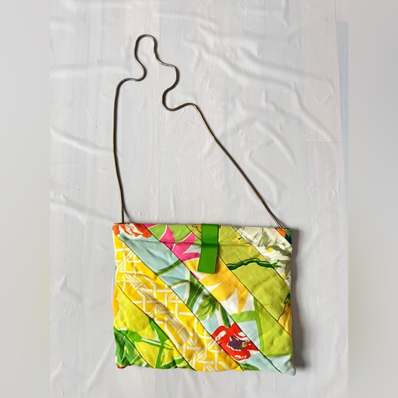 VTG 70s Floral Patchwork Shoulder Bag Boho Cottagecore  Chain Purse green yellow - Picture 4 of 11